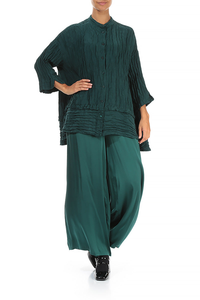 Flared Crinkled Emerald Silk Shirt