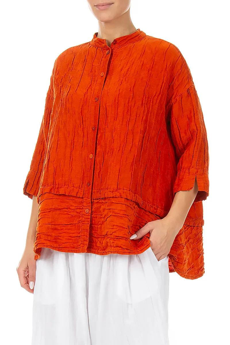 Flared Crinkled Flame Orange Silk Shirt 4