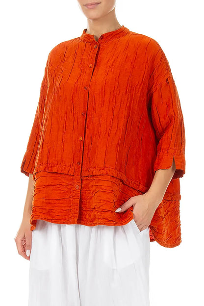 Flared Crinkled Flame Orange Silk Shirt 4