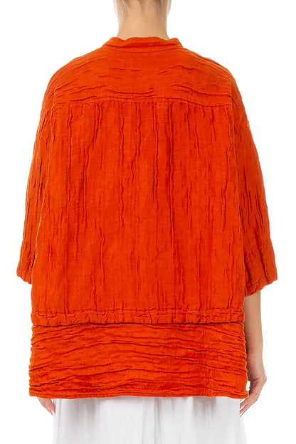 Flared Crinkled Flame Orange Silk Shirt 3