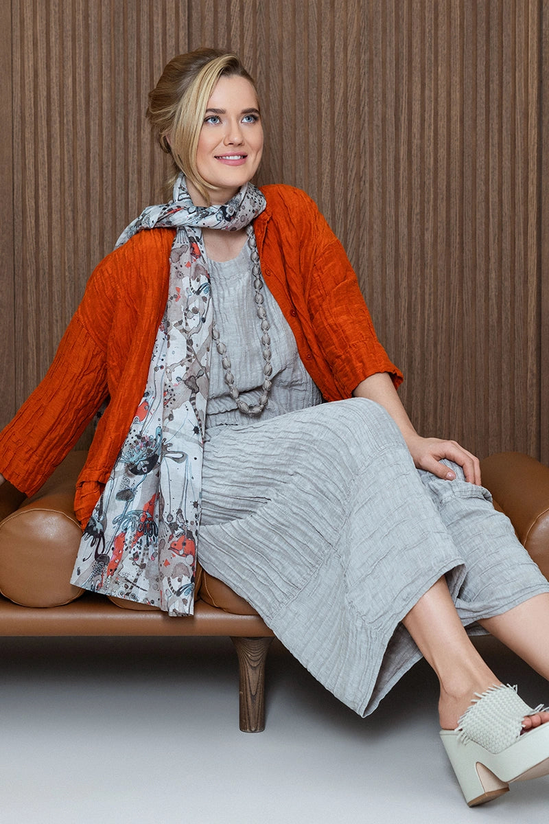 Flared Crinkled Flame Orange Silk Shirt 1