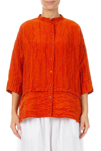 Flared Crinkled Flame Orange Silk Shirt 2