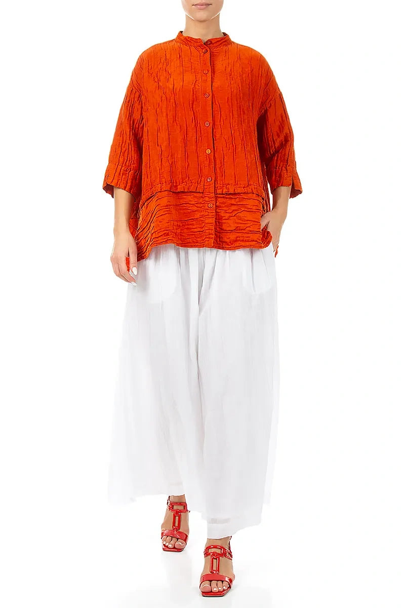Flared Crinkled Flame Orange Silk Shirt 5