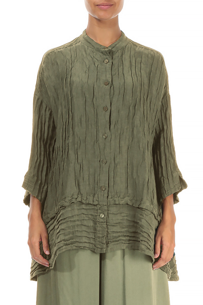 Flared Crinkled Forest Mist Silk Shirt 1