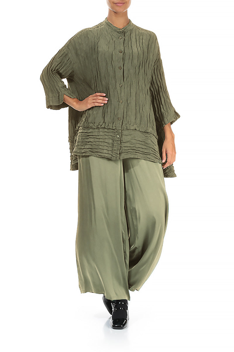 Flared Crinkled Forest Mist Silk Shirt 4