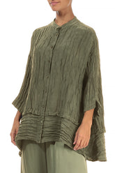 Flared Crinkled Forest Mist Silk Shirt 3
