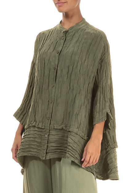 Flared Crinkled Forest Mist Silk Shirt 3
