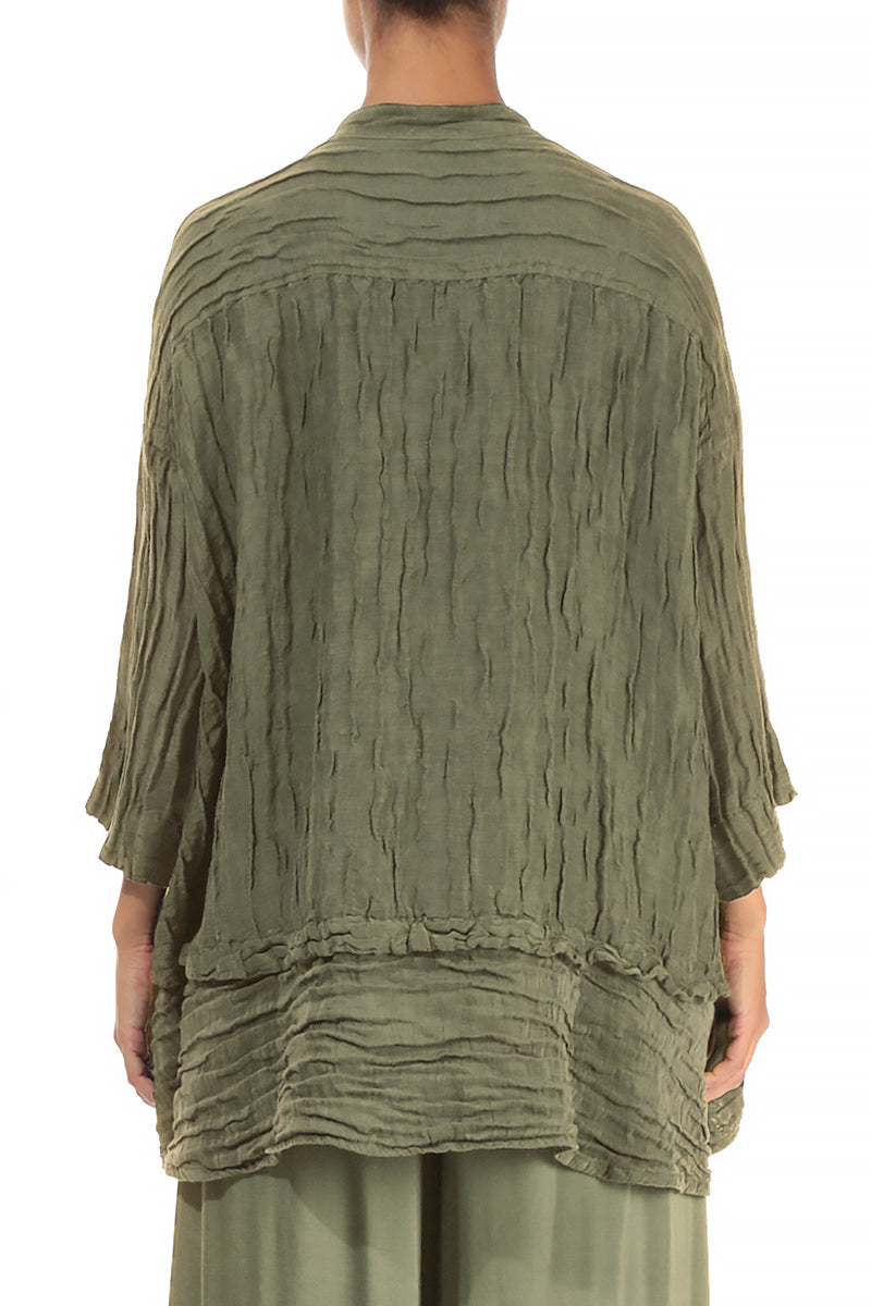 Flared Crinkled Forest Mist Silk Shirt 2