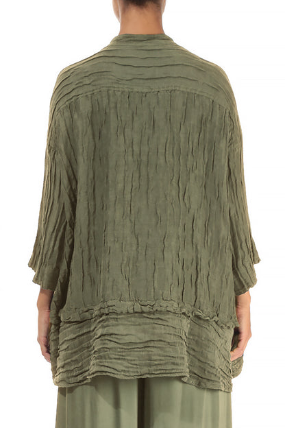 Flared Crinkled Forest Mist Silk Shirt 2