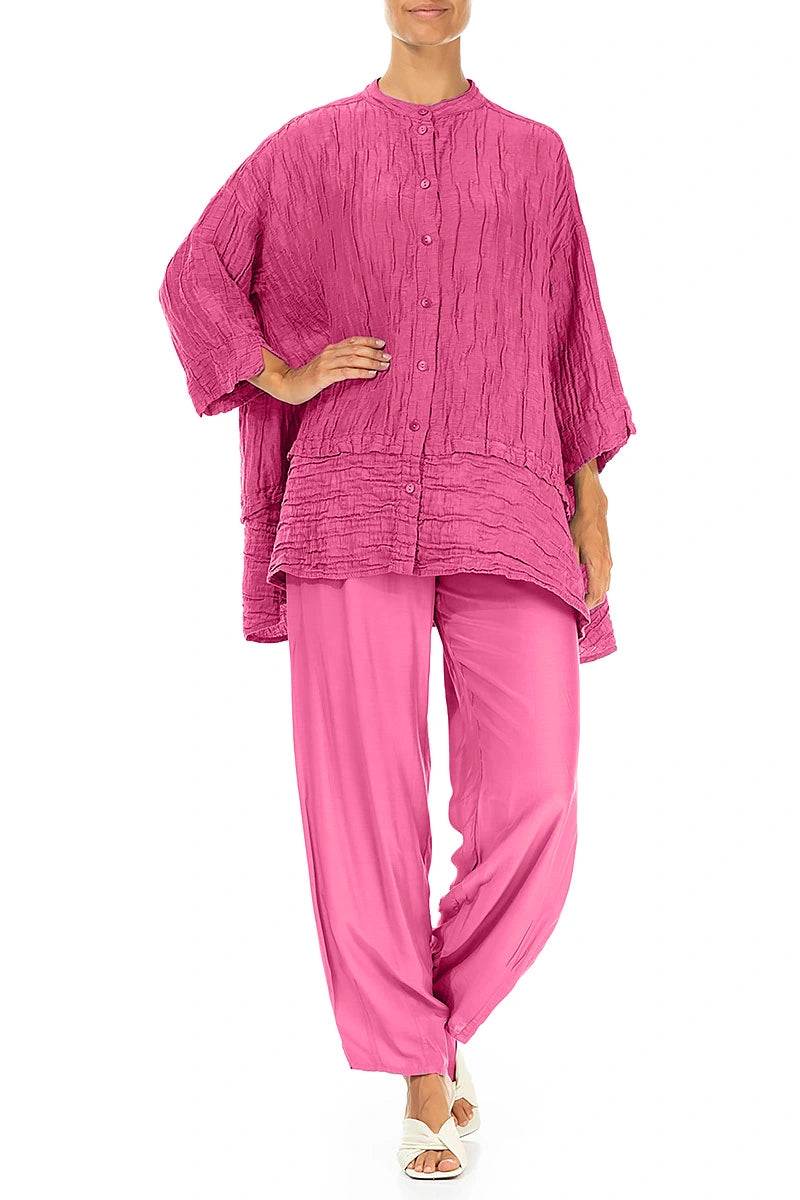 Flared Crinkled Fuchsia Silk Shirt 4