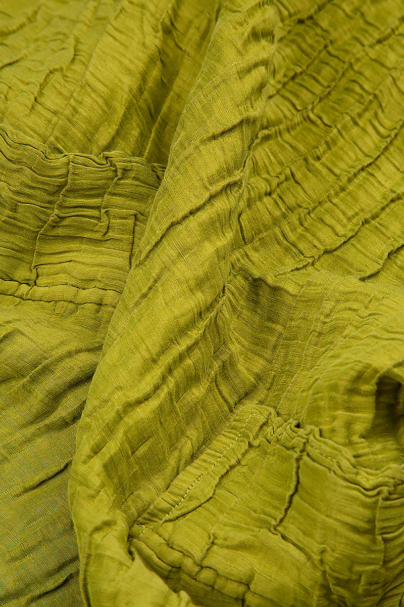 Flared Crinkled Golden Lime Silk Shirt