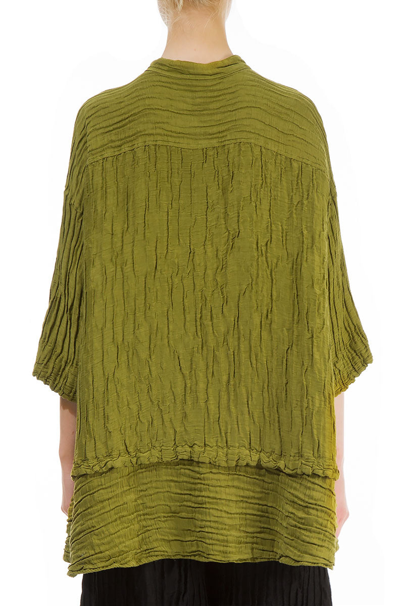 Flared Crinkled Golden Lime Silk Shirt