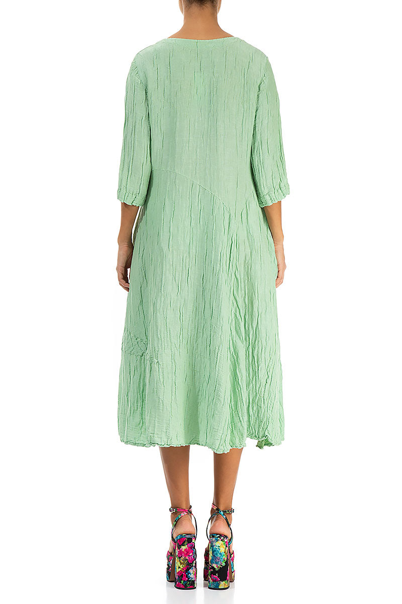 Flared Crinkled Green Sorbet Silk Linen Dress