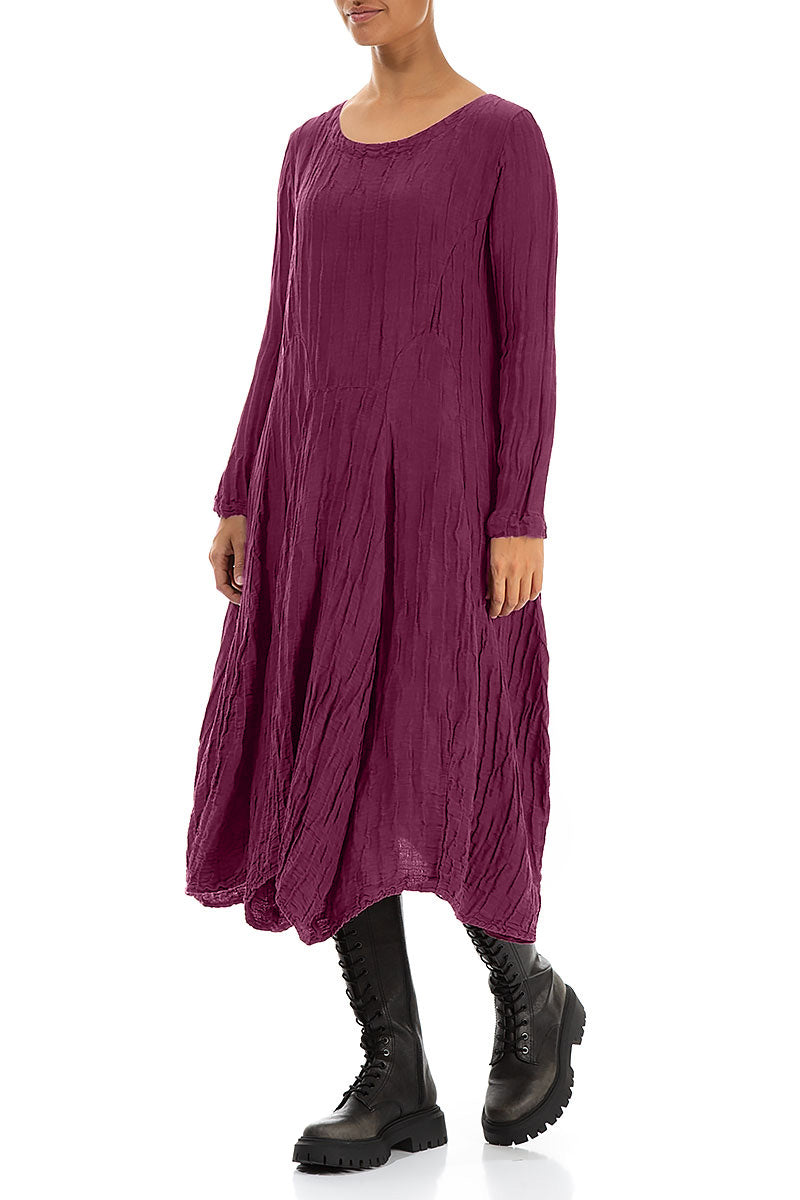 Flared Crinkled Magenta Silk Linen Dress