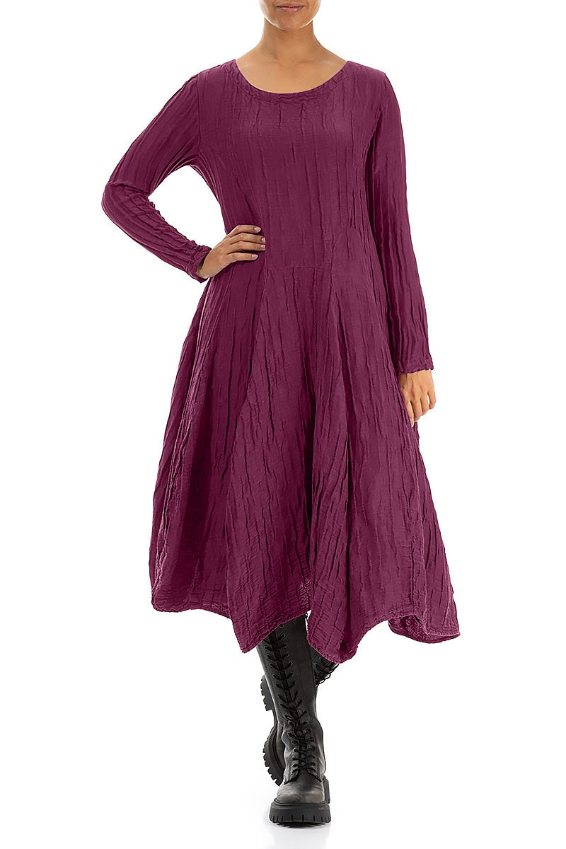 Flared Crinkled Magenta Silk Linen Dress