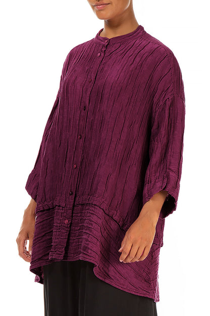 Flared Crinkled Magenta Silk Shirt