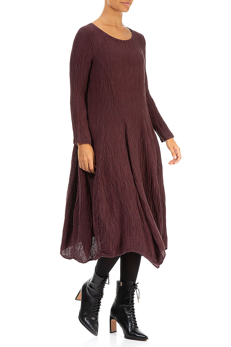 Flared Crinkled Merlot Silk Dress