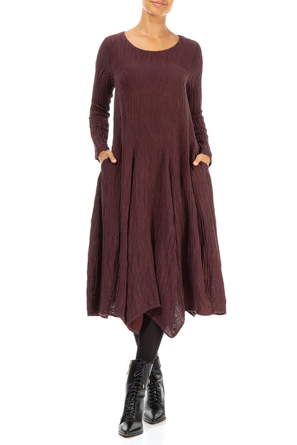 Flared Crinkled Merlot Silk Dress