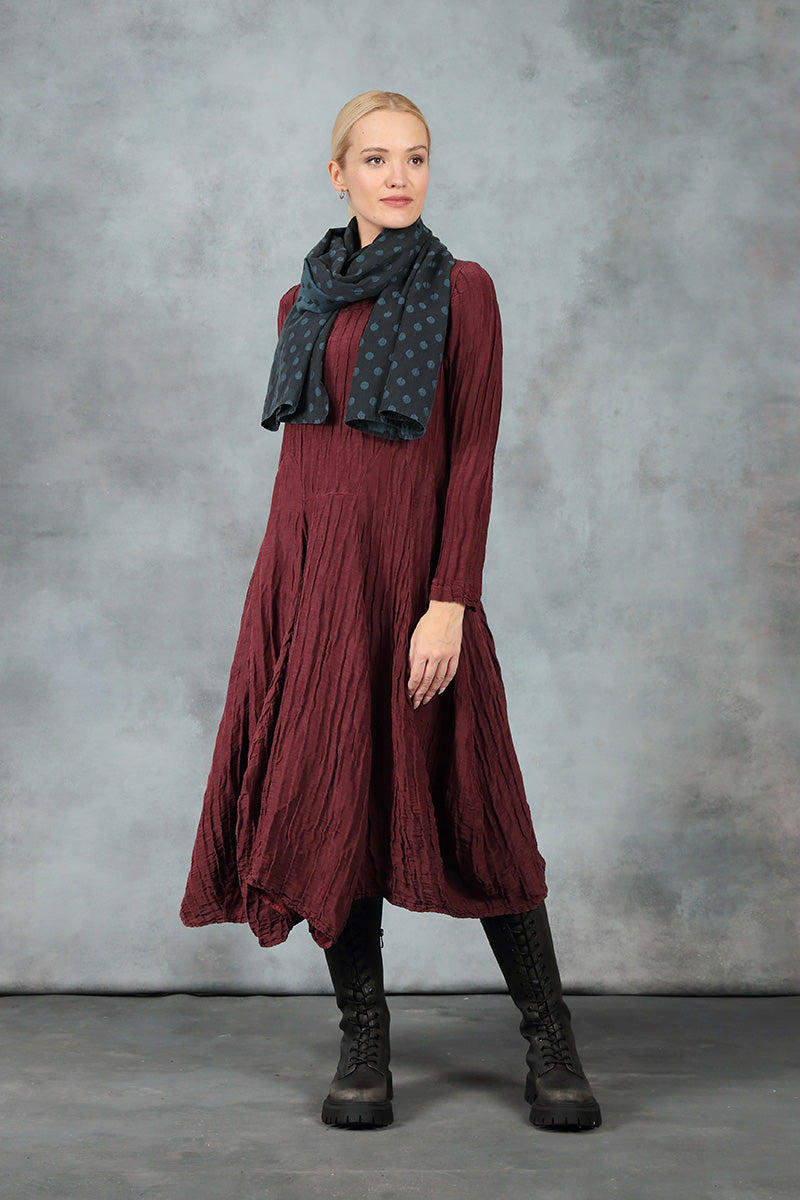 Flared Crinkled Merlot Silk Linen Dress