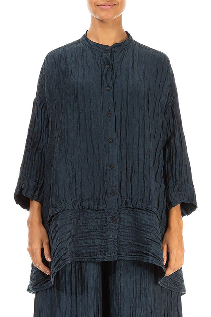 Flared Crinkled Midnight Blue Silk Shirt