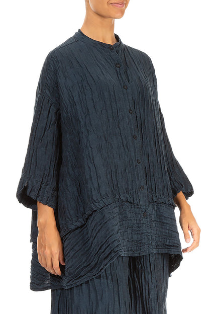 Flared Crinkled Midnight Blue Silk Shirt