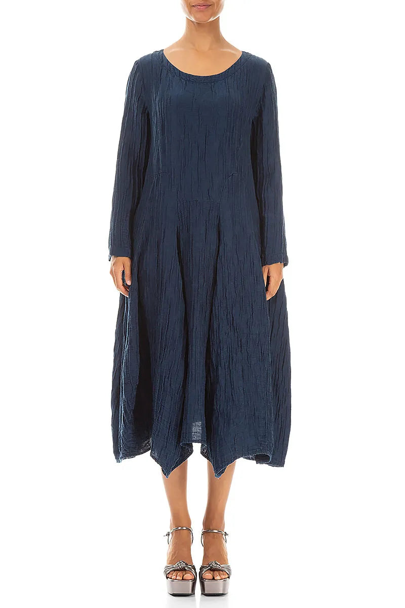 Flared Crinkled Navy Silk Linen Dress 1