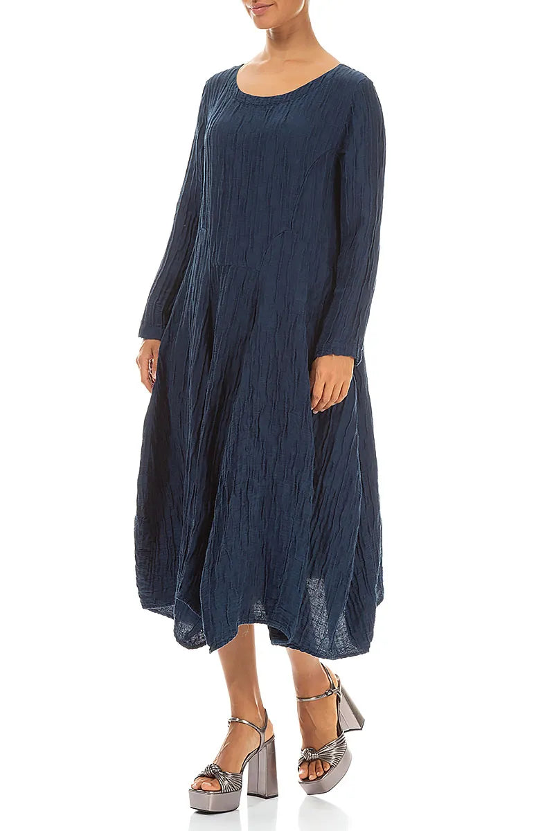 Flared Crinkled Navy Silk Linen Dress