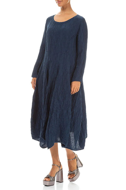 Flared Crinkled Navy Silk Linen Dress