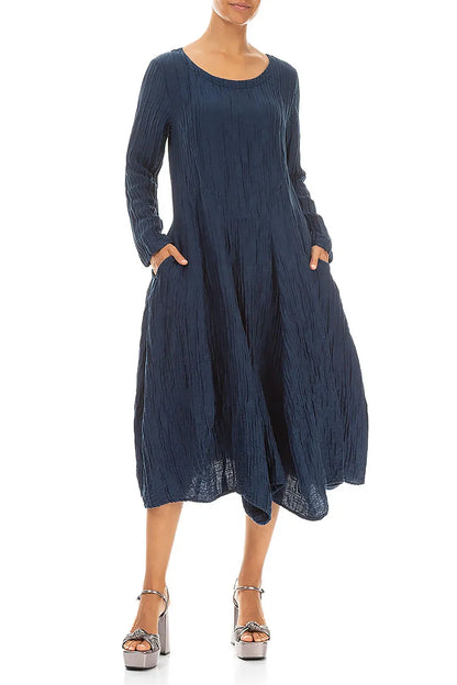 Flared Crinkled Navy Silk Linen Dress