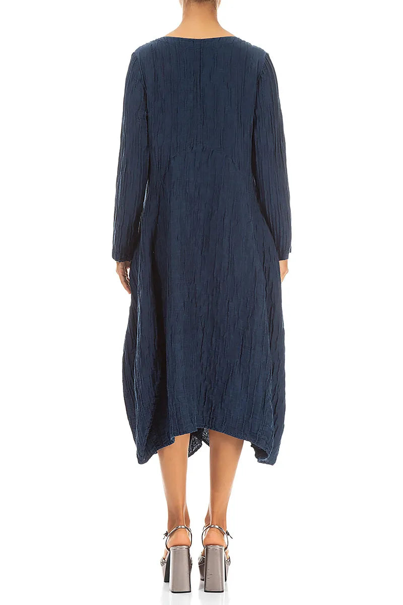 Flared Crinkled Navy Silk Linen Dress