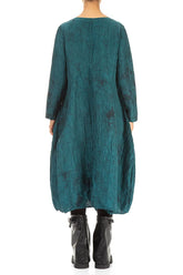 Flared Crinkled Peacock Marble Silk Linen Dress 2