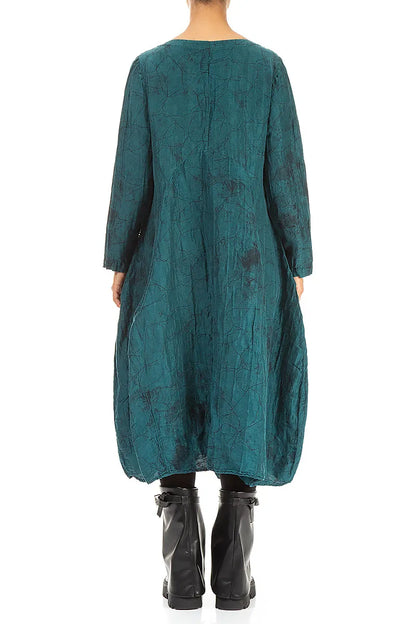 Flared Crinkled Peacock Marble Silk Linen Dress 2