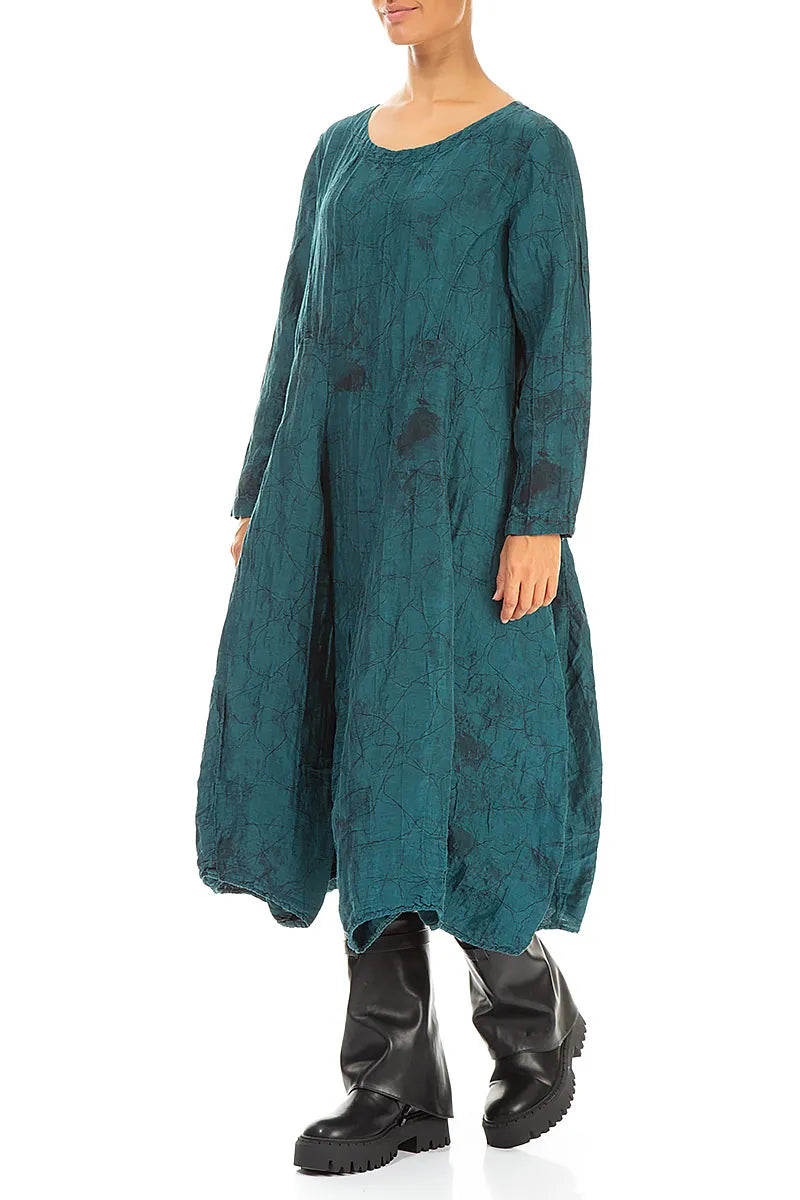 Flared Crinkled Peacock Marble Silk Linen Dress 3