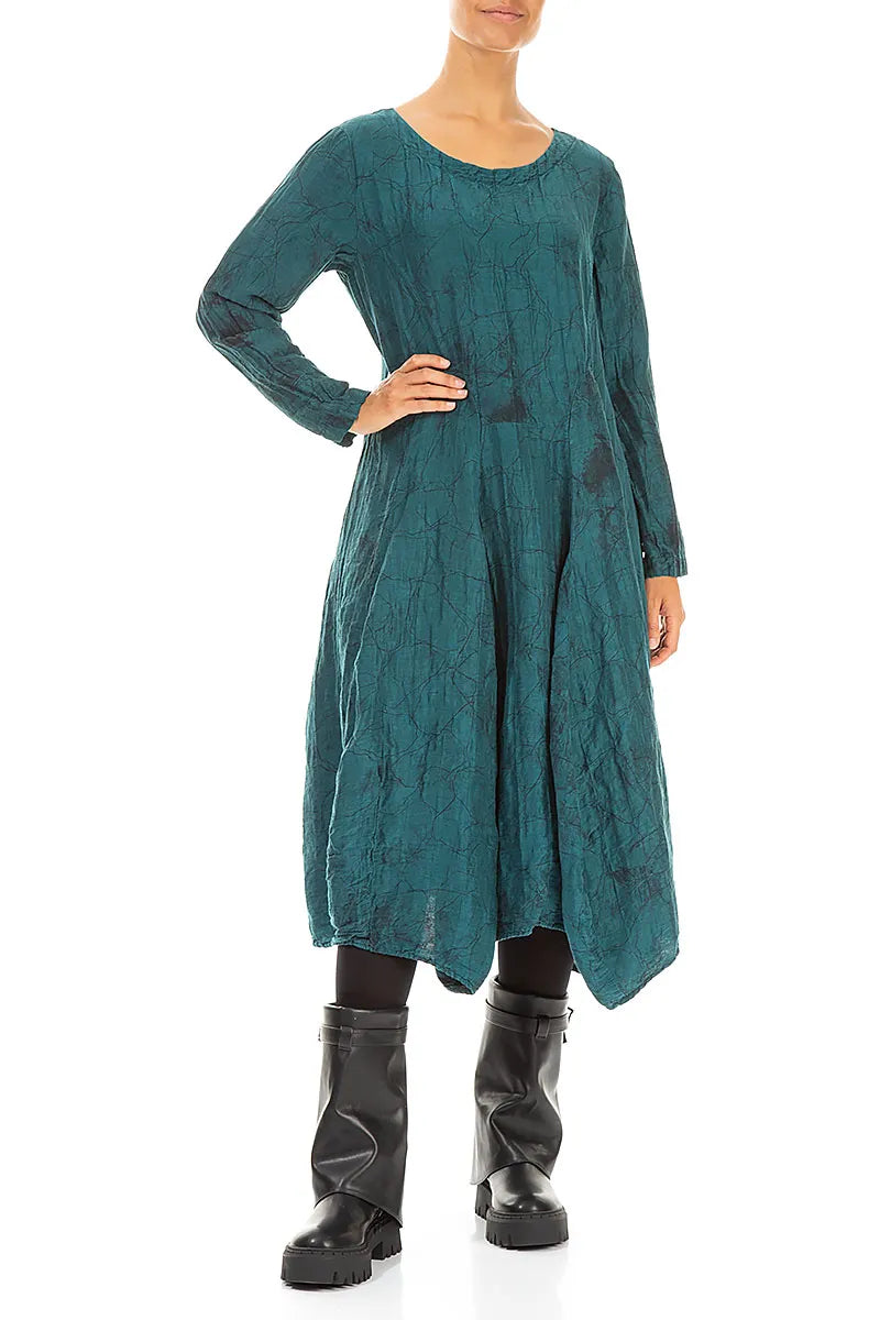 Flared Crinkled Peacock Marble Silk Linen Dress 4
