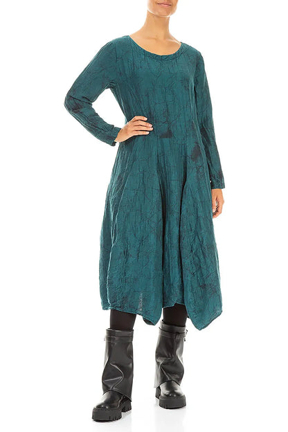 Flared Crinkled Peacock Marble Silk Linen Dress 4