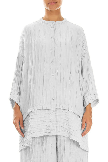 Flared Crinkled Pearl Grey Silk Linen Shirt