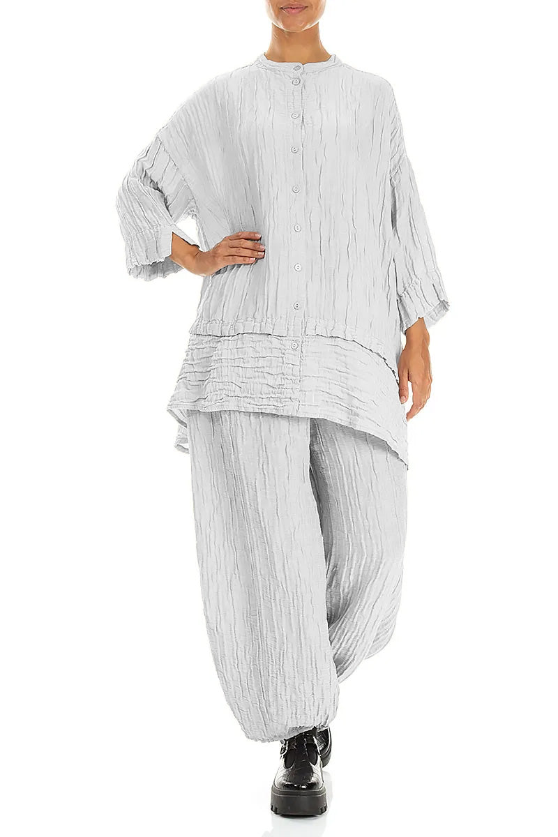 Flared Crinkled Pearl Grey Silk Linen Shirt