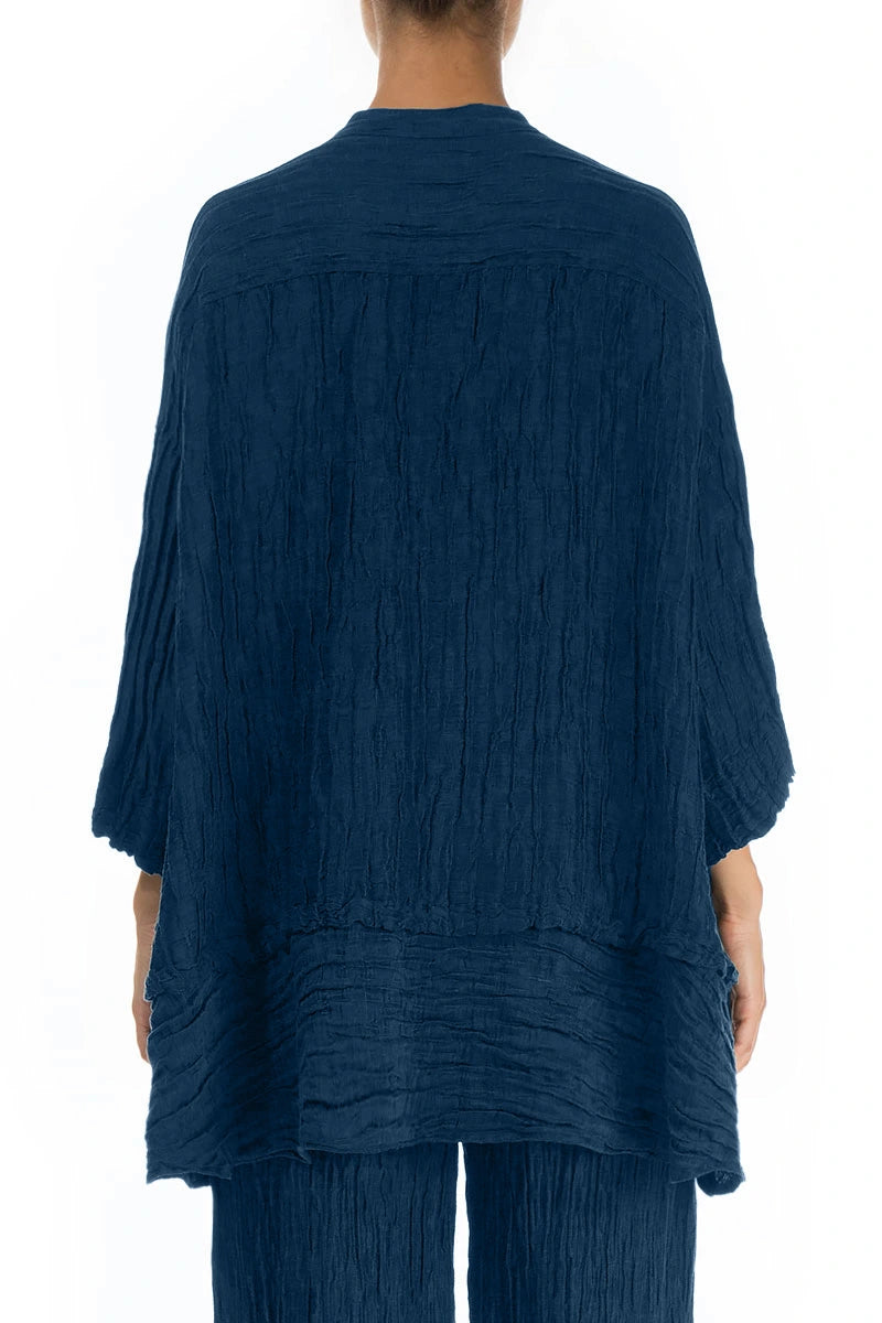 Flared Crinkled Royal Blue Silk Shirt 2