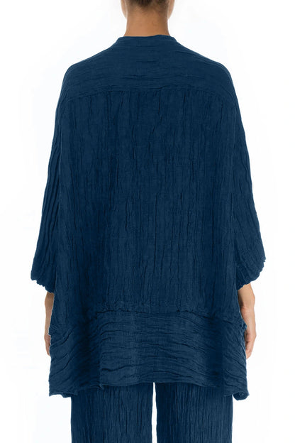 Flared Crinkled Royal Blue Silk Shirt 2