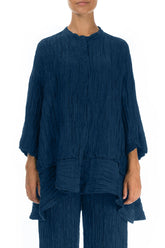 Flared Crinkled Royal Blue Silk Shirt 1