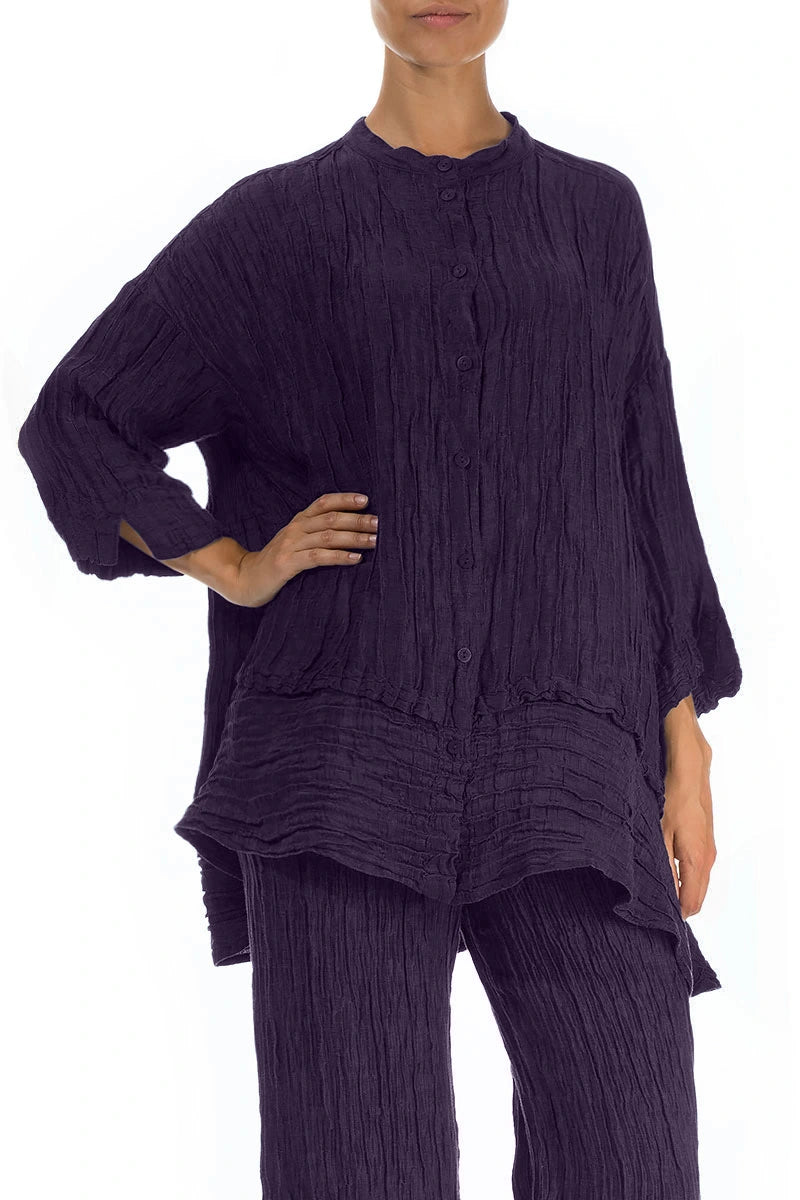 Flared Crinkled Royal Purple Silk Shirt 3