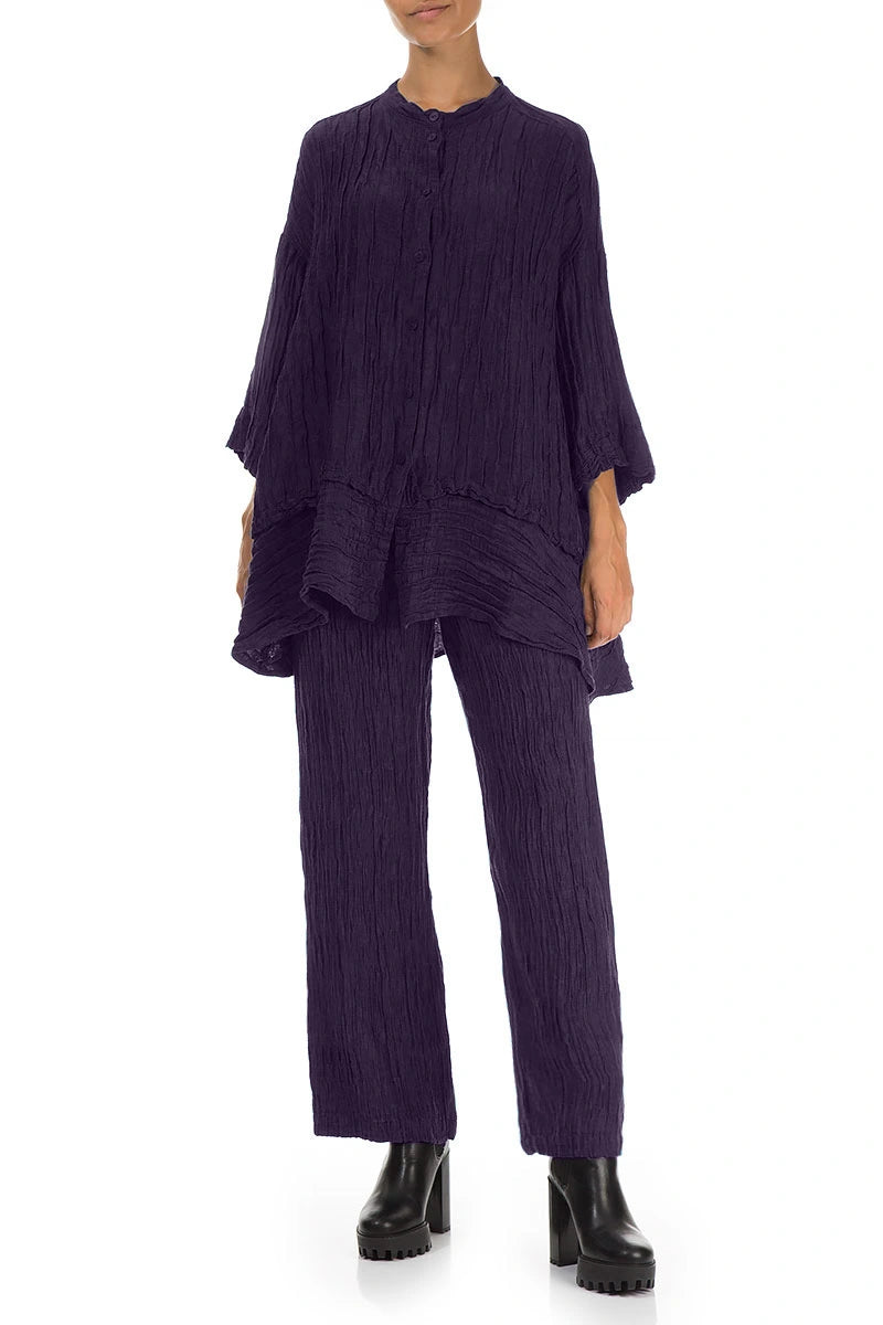 Flared Crinkled Royal Purple Silk Shirt 4