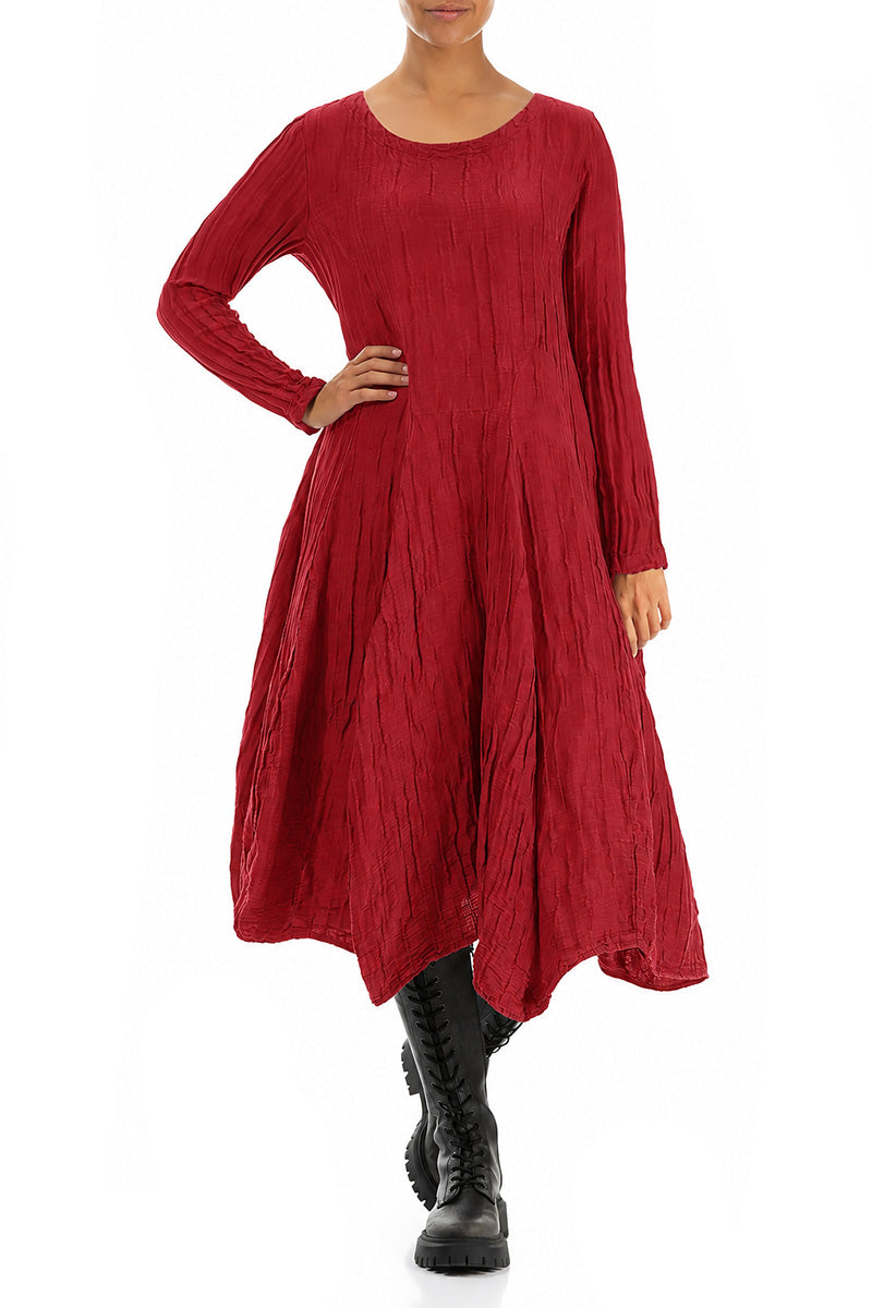 Flared Crinkled Ruby Silk Linen Dress