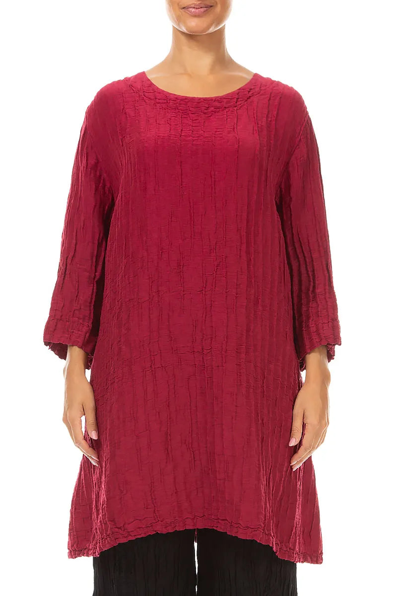 Flared Crinkled Ruby Silk Linen Tunic