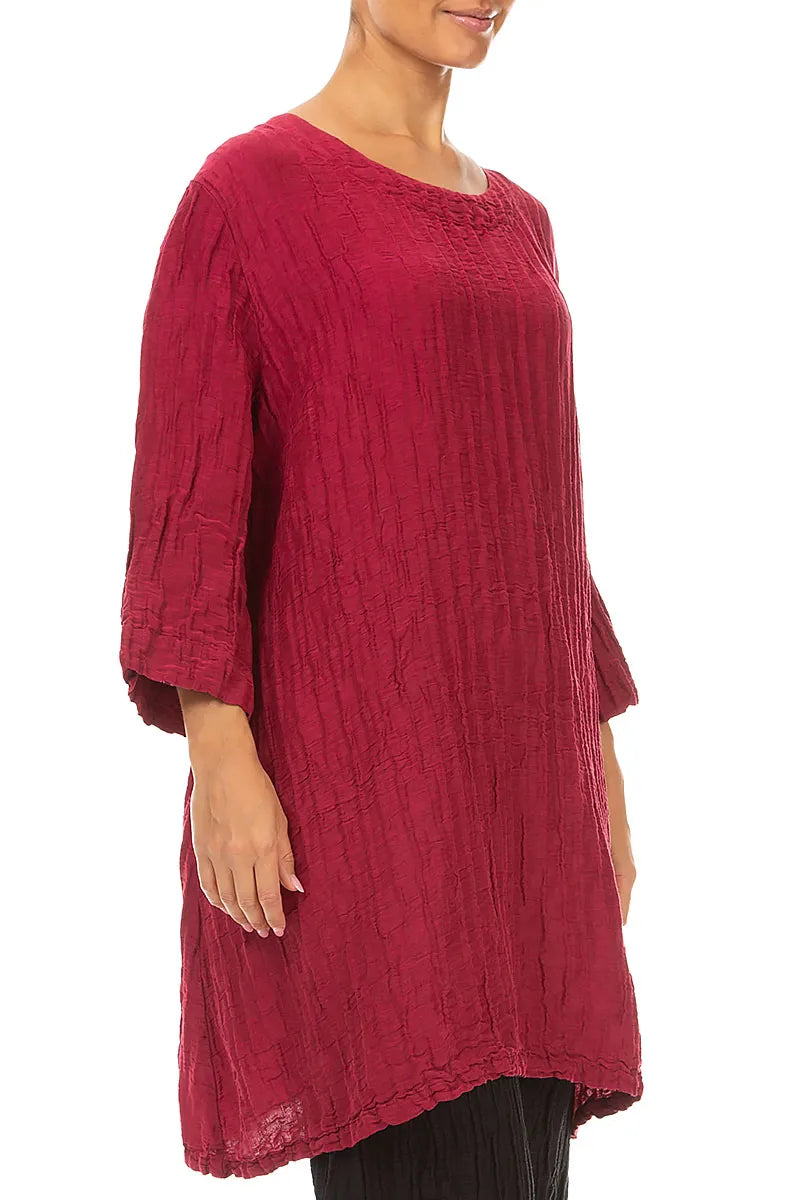 Flared Crinkled Ruby Silk Linen Tunic
