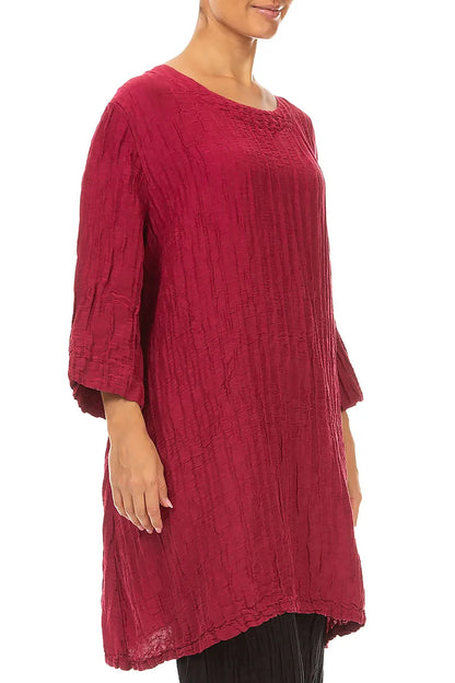 Flared Crinkled Ruby Silk Linen Tunic