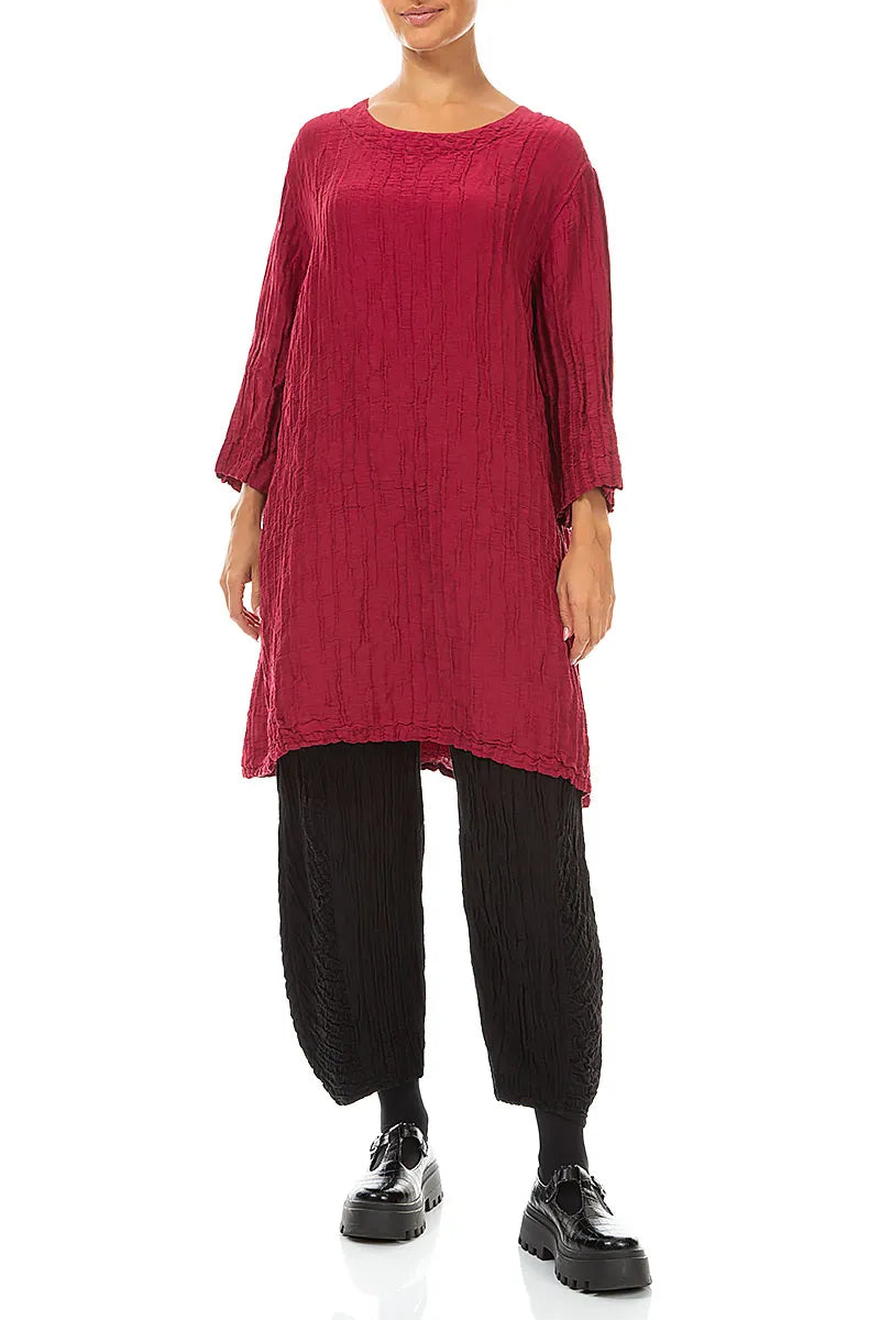 Flared Crinkled Ruby Silk Linen Tunic