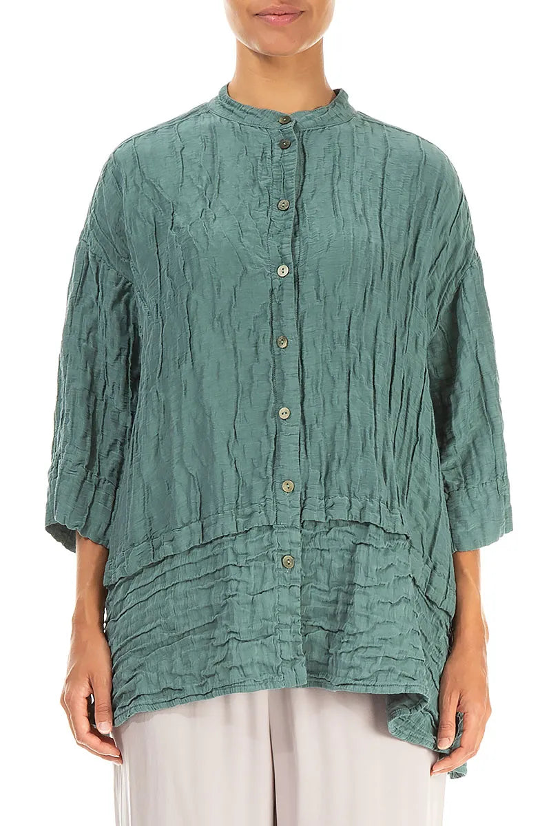 Flared Crinkled Sage Silk Shirt 1
