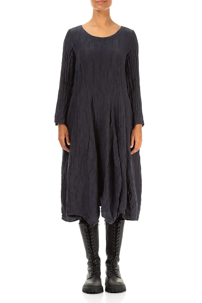 Flared Crinkled Graphite Blue Silk Linen Dress 1