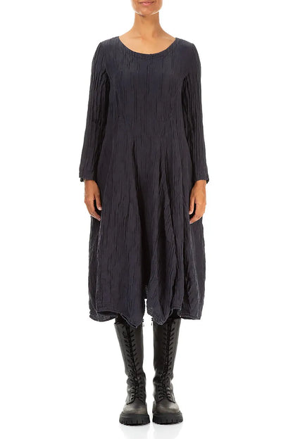 Flared Crinkled Graphite Blue Silk Linen Dress 1
